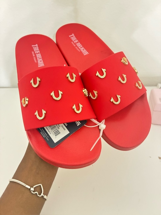 True Religion Shoes - True Religion Red Slide Sandals with Gold Horseshoe Studs